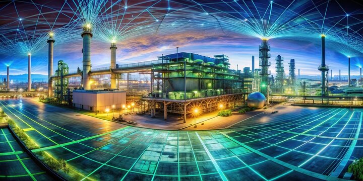 Futuristic smart industrial factory at night with glowing digital grids and network lines, showcasing advanced technology, automation, and connectivity in modern energy infrastructure and manufacturin