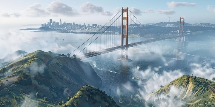 golden gate bridge with a fog in the air, aerial view, ray tracing, crisp and clean, 