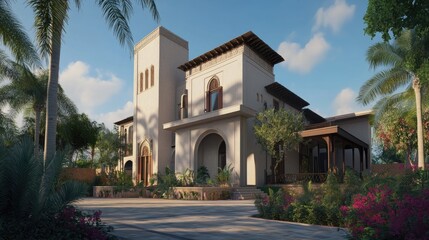Naklejka premium Detailed view of a villa with a unique architectural design, blending traditional and modern elements.