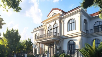 Detailed view of a villa with a unique architectural design, blending traditional and modern elements.