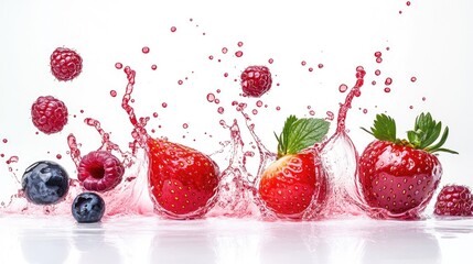 Different berries and dynamic juice splashes, set against a white background, highlighting the vitality.