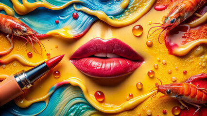 Bright red lips are accentuated by swirling colors and textures, while two shrimps and a lipstick are surreal and whimsical. The composition playfully combines natural and artificial objects. AI gener