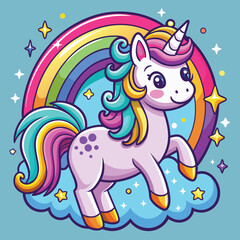 Cute magical unicorn and raibow. Print for t-shirt or sticker. Vector design isolated on white background. Romantic hand drawing illustration for children