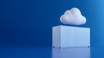A shipping container with a cloud overhead, symbolizing cloud computing technology and digital data storage on a blue background.