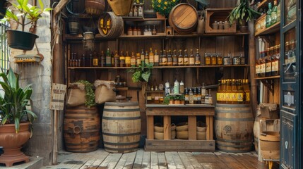 Fototapeta premium Rustic shop with wooden barrels and bottles