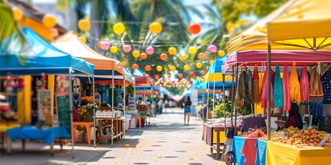 Colorful outdoor market with vibrant tents and decorations