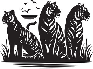 Group of tiger Silhouette isolated on white background Minimalist tiger vector shape icon