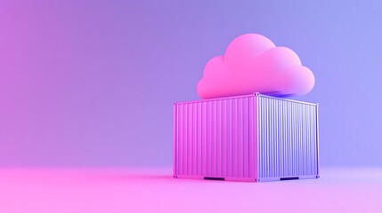 A vibrant illustration featuring a shipping container with a cloud above it, symbolizing cloud computing, innovation, and technology.