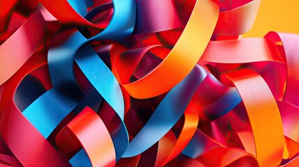 Dynamic 3D design with bright red, orange, and blue ribbons forming an abstract and colorful background.