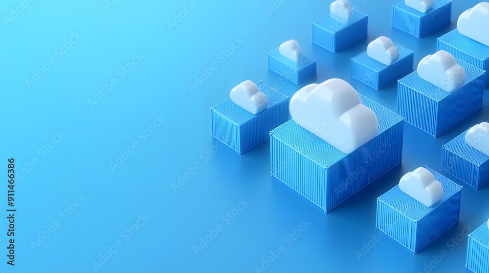 Poster abstract 3d blue cloud icons on cubic platforms symbolizing cloud computing and technology on a soft