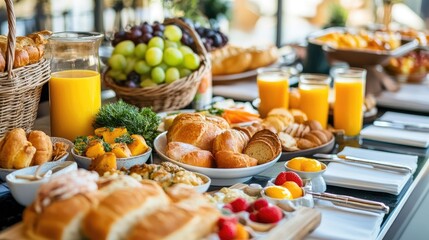 Elegant breakfast buffet in a city resort: fresh bakery, eggs, orange juice, and a variety of luxurious morning dishes.