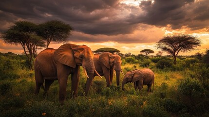 Fototapeta premium Elephant family in Tsavo West, Kenya, interacting in their natural environment with lush vegetation and dramatic skies.