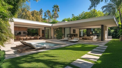 Obraz premium Elegant villa with a spacious garden and outdoor living area, perfect for showcasing architectural inspiration.