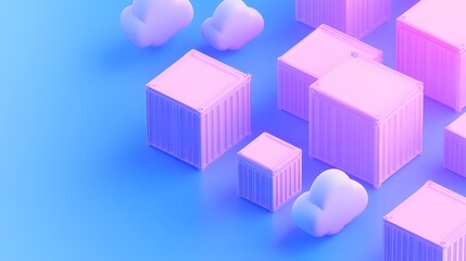 Fototapeta premium Abstract 3D render of pink and purple cubes with floating clouds on a blue background. Modern geometric shapes and pastel colors.