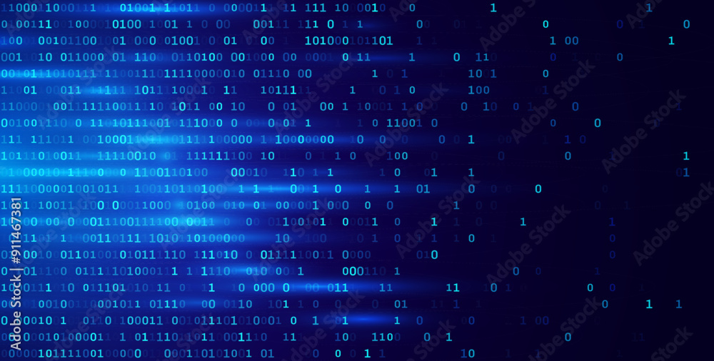 Fototapete Blue Binary Data Software Programming Code Background. Random Parts of Program Code. Digital Data Technology Concept. 1 0 Machine Code. Random Binary Data Matrix Wide Vector Illustration.