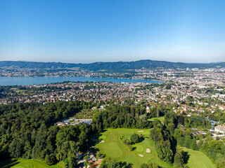 Aerial view of Swiss City of Zürich with Lake Zürich and cityscape on a sunny summer morning. Photo taken July 6th, 2024, Zurich, Switzerland.