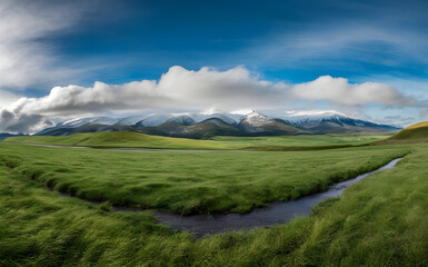 Fototapeta premium Panoramic natural landscape with green grass field, blue sky with clouds and mountains in background
