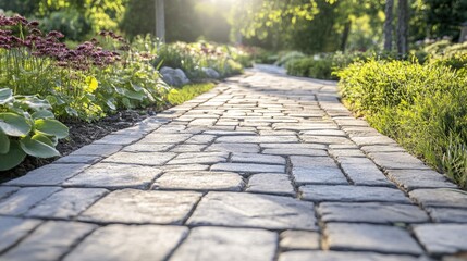 Empty garden path with stone paver blocks, highlighting the detailed design and texture of the paving.