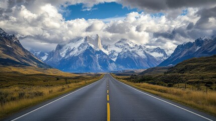 Fototapeta premium Empty highway leading to snow-capped mountains with a backdrop of cloudy skies, showcasing natural beauty.