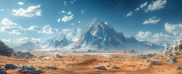 Fototapeta premium Majestic mountain range under a starry sky with a visible moon, amidst a vast desert landscape.