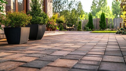Fototapeta premium Empty patio with brick block paving, showcasing the decorative and functional aspects of the paver floor.
