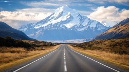 Empty road leading towards snow-capped peaks with a sky full of clouds, showcasing natural beauty.