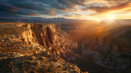 A box valley with a dramatic sunset casting long shadows and warm light over the cliffs