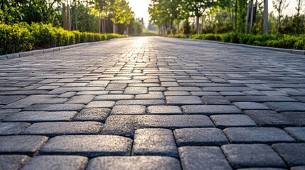 Fototapeta premium Empty road with stone brick blocks, showcasing the neat pattern and durability of the paver floor. -