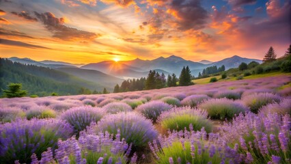 Obraz premium Serene Symphony of Lavender and Sky: A Tranquil Alpine Meadow Basking in the Golden Hour Generative AI