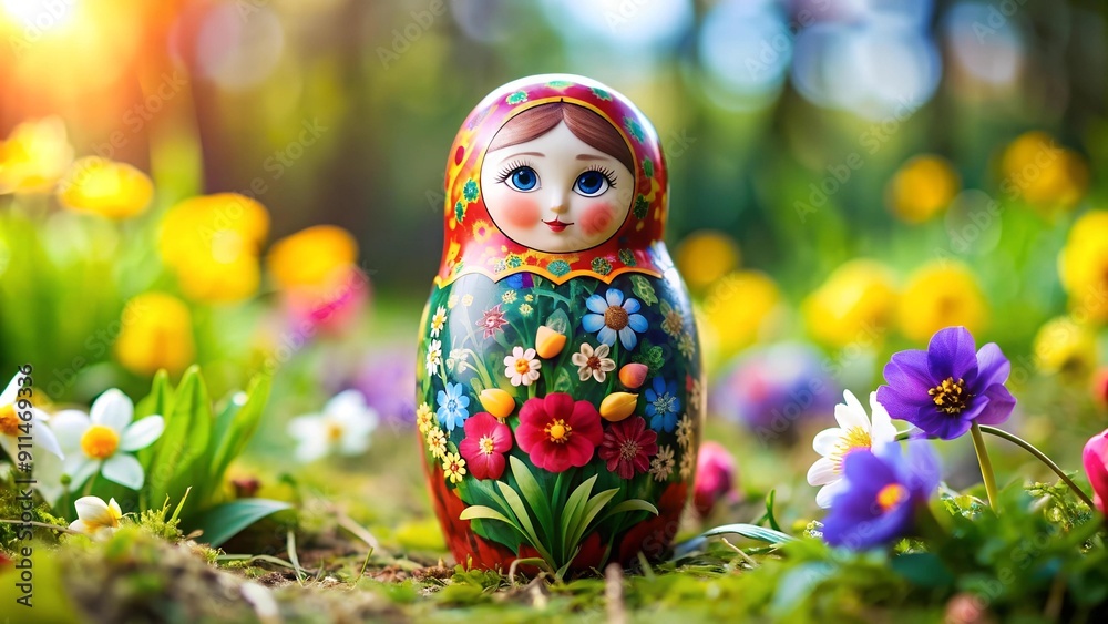 Wall mural A Symphony of Spring: A Delicate Floral Matrioshka Doll  generative AI