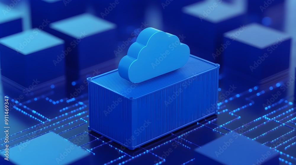 Poster blue cloud and container on digital circuit board symbolizes cloud computing and data storage techno