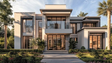 Fototapeta premium Front facade of a luxurious villa with contemporary design and stylish landscaping, ideal for architectural ideas.