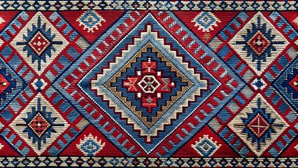 Abstract 3D Geometric Shapes in Red, Blue, and Gray: Interwoven Tapestry  AI generated