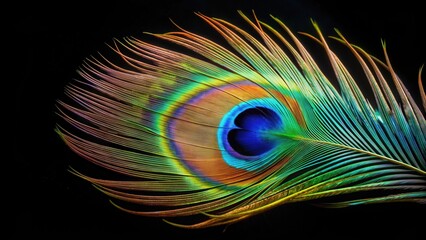 Obraz premium Close-up of a vibrant peacock feather against a black background, peacock, feather, bird, colorful, vibrant, black