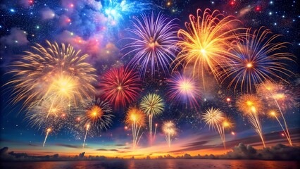 Celestial Symphony: A Tapestry of Fireworks Over a Starry Night  AI generated
