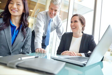 Women, man and portrait with laptop for meeting, company and consulting as legal representative team. Business people, lawyer and tech at office for communication, networking or digital in connection