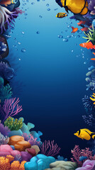  An enchanting 3D banner showcasing an underwater world with colorful coral reefs, fish, and sea creatures, featuring empty copy space on the side. Ideal for marine life projects, aquariums,. AI