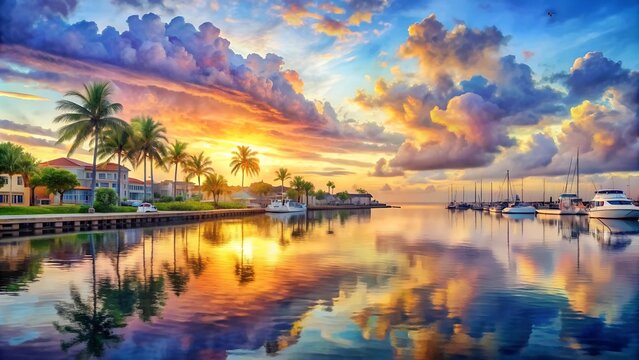 Sun-Kissed Serenity: A Watercolor Impression of Palm Beach Port  generative AI