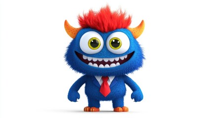 Naklejka premium A blue monster with red hair and horns is wearing a tie