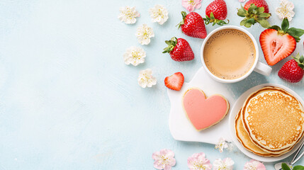 A plate of pancakes with a heart shaped cookie and a cup of coffee. Concept of warmth and comfort, as it is a breakfast scene with a heart-shaped cookie and a cup of coffee.