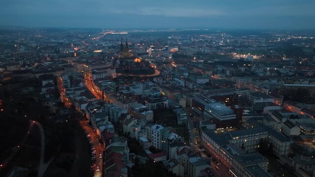 Night aerial view of the city of Brno in the Czech Republic