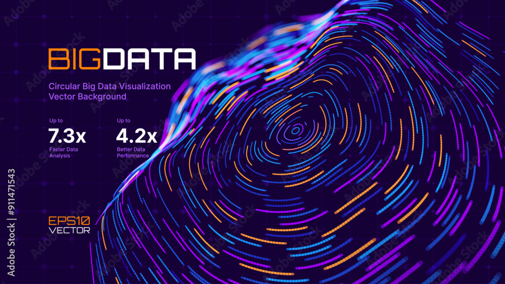 Poster Abstract Digital Circles of Particles. Futuristic Circular Business Data Graph. Big Data Visualization. Crypto Currency Blockchain Invest Statistics Analysis Concept. Vector Illustration.