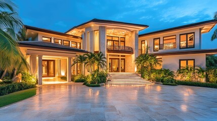 Fototapeta premium Luxurious villa with a grand entrance and expansive outdoor area, showcasing contemporary architecture.