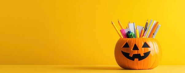 Jackolantern filled with school supplies, back to school, creative storage