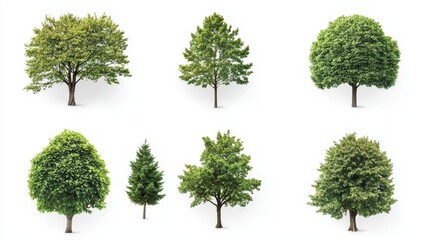 Abstract set of minimalist tree designs, each one unique in form and texture, with empty space around them for added elegance, capturing the essence of diverse tree species