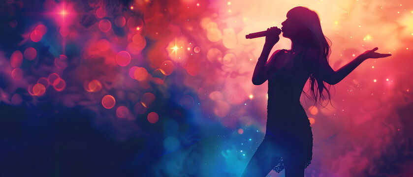 Silhouettes anime of a girl or woman singing and Dancing likes Idol superstar in a starry night club
