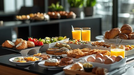 Modern city resort breakfast: luxurious spread with fresh bakery items, orange juice, eggs, and a selection of gourmet foods.