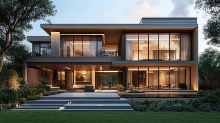 Fototapeta premium Modern villa house with a seamless blend of indoor and outdoor spaces, highlighting luxury and innovation.