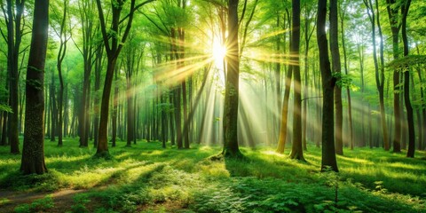 Obraz premium Sunlight filtering through dense trees in a lush green forest , rays, light, sunbeam, forest, trees, nature, peaceful, tranquil