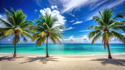 Tranquil beach scene with palm trees, turquoise sea, and golden sand, beach, trees, sea, ocean, tropical, sand